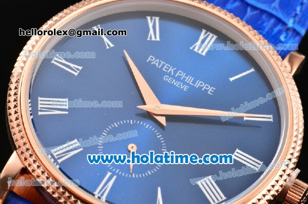 Patek Philippe Calatrava Miyota Quartz Rose Gold Case with Roman Numeral Markers and Blue Dial - Click Image to Close
